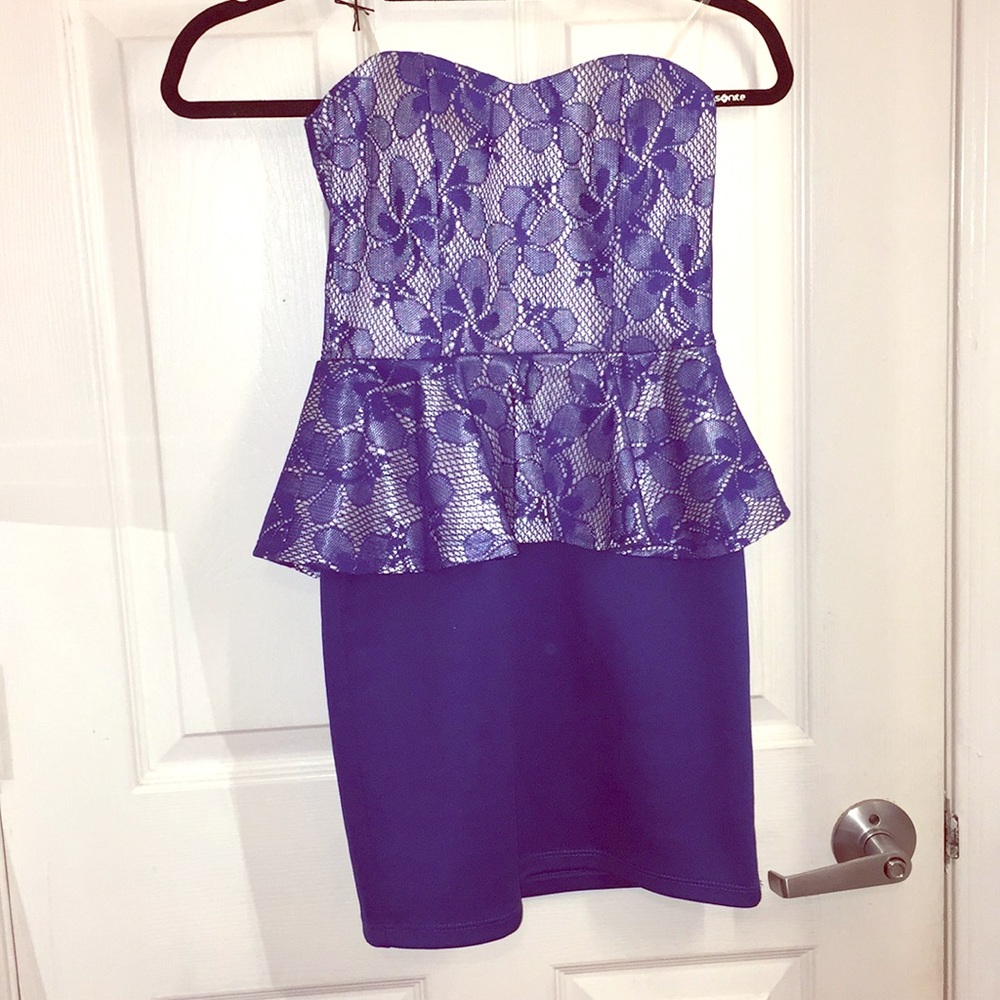 Royal blue strapless lace peplum mini dress